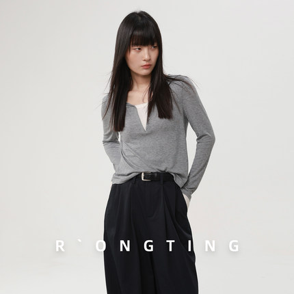 绒汀 RONGTING【云叠】撞色假两件连帽针织打底衫
