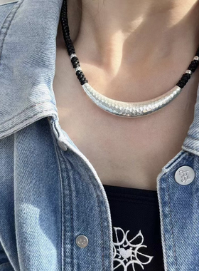 手工银大月牙弯管项链女s925纯银国潮编织项圈新中式个性民族风