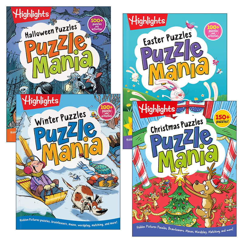 英文原版 Highlights Puzzlemania Activity Books 4册 亮点儿童解谜狂热游戏活动书 隐藏图片拼图 脑筋急转弯 迷宫 英文版 进口书