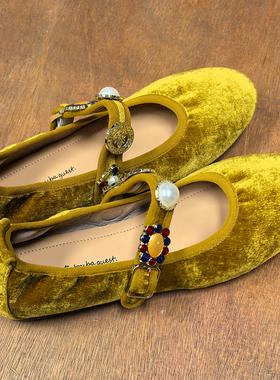 图巴客法式串珠玛丽珍鞋女姜黄色一字带平底休闲百搭浅口单鞋舒适