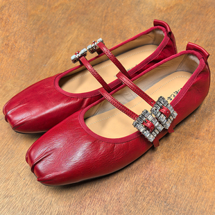 图巴客法式水钻方扣芭蕾舞鞋女红色皱褶浅口玛丽珍平底单鞋舒适