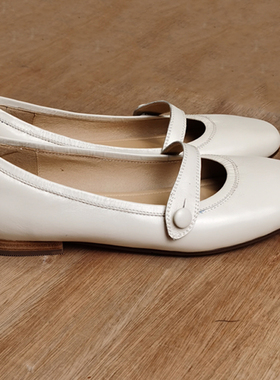 玛丽珍鞋女春夏复古鞋子白色油蜡低跟一字扣浅口单鞋粗跟手工鞋女