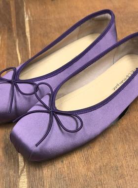 春季新款方头浅口单鞋复古紫色平底芭蕾舞鞋通勤真皮玛丽珍鞋女