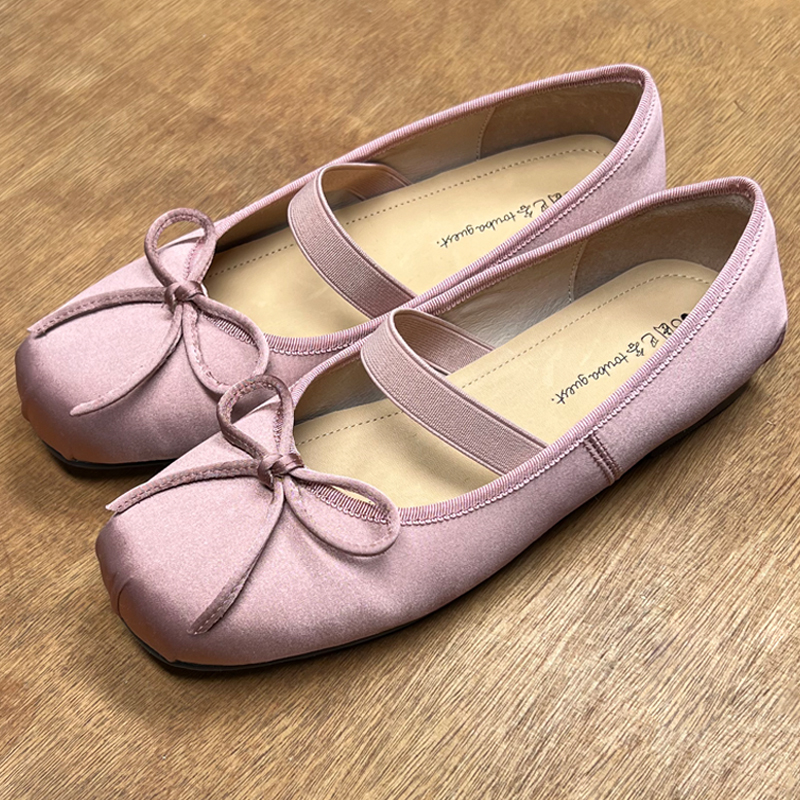 图巴客新款平底豆豆鞋高级女浅口蝴蝶结春季单鞋芭蕾舞鞋甜美缎面