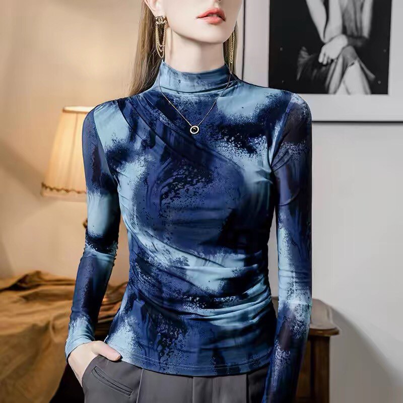 新中式上衣高级感轻国风半高领打底衫女2026新款时尚网纱长袖t恤