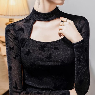 亮丝网纱打底衫女长袖高级感长袖t恤小众独特别致亮闪闪上衣秋装