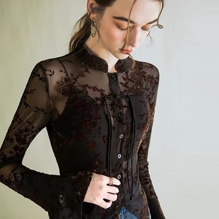 早春新款小衫国风新中式女装2026春款网纱衬衫露腰透明薄款上衣