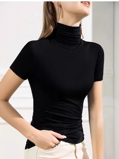 高领短袖上衣女2026春秋新款洋气半袖背心t恤黑色莫代尔棉打底衫