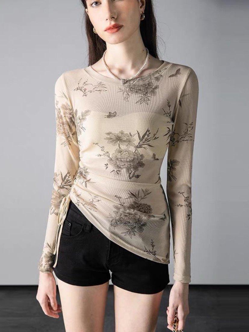 新中式上衣抽绳设计感打底衫女2025新款秋季内搭国风印花别致t恤,女装/女士精品,T恤,淘宝优惠券,粉丝福利购,淘宝优惠卷