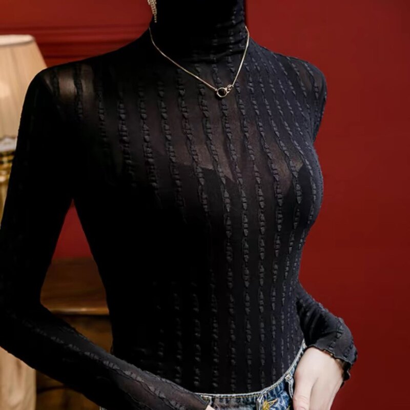 高领条纹提花蕾丝打底衫女修身2025秋季女装黑色T恤长袖上衣小衫
