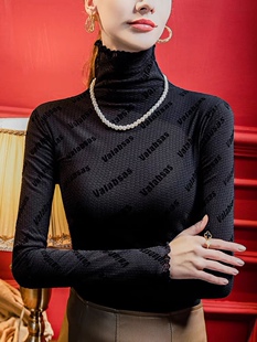 2026新款加绒款蕾丝打底衫女冬长袖网纱t恤洋气字母印花雷丝上衣