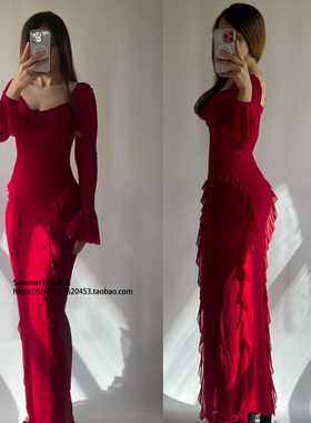 欧美2026优雅性感长袖长裙连衣裙花朵装饰长裙女Red formal dress
