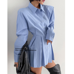 欧美百搭纯棉露腰中长款衬衫长袖系带上衣 Waist revealing shirt