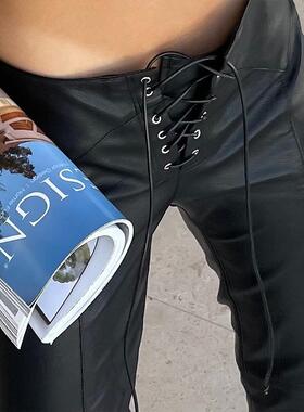 欧美2024秋PU皮裤女直筒绑带休闲低腰长裤 Lace-up leather pants