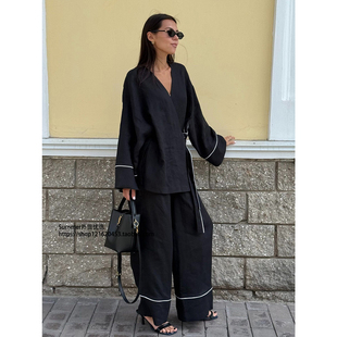 欧美棉V领一片式开衫阔腿裤套装 Lace up cardigan and pants set