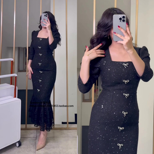 法式甜御长袖修身蕾丝裙摆连衣裙Square collar lace skirt dress