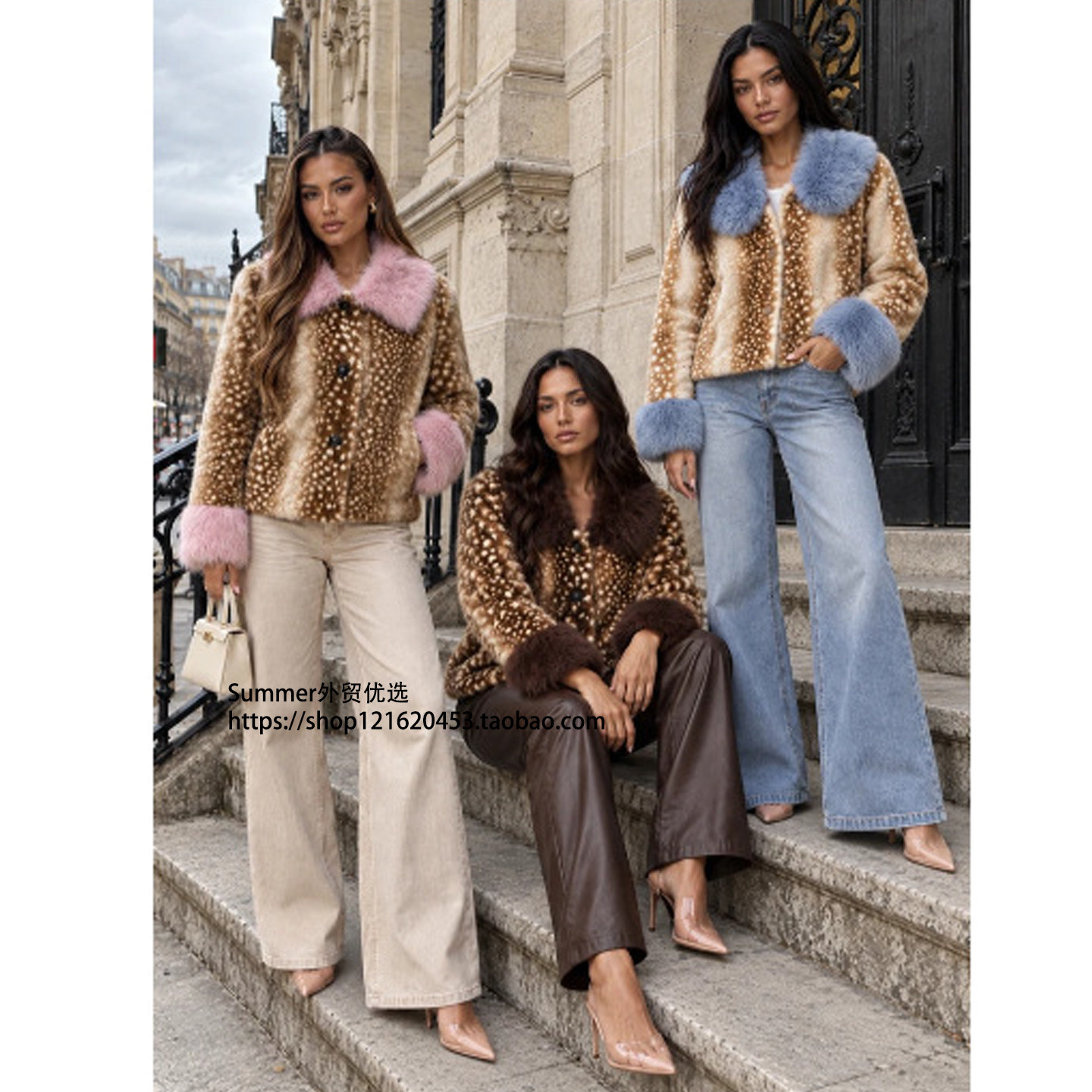 环保仿皮草外套短款豹纹毛毛衣女Color blocking faux fur jacket