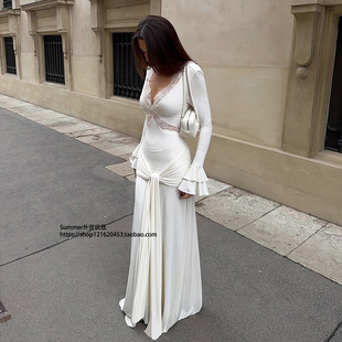 strap 欧美性感蕾丝拼接连衣裙修身 lace Sexy dress 设计感长裙女