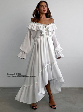 抽绳V领喇叭袖雪纺连衣裙不对称A字长裙Chiffon drawstring dress