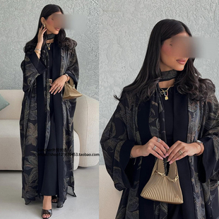中东开衫长袍含头巾雪纺印花外套迪拜大袍女Chiffon printed robe