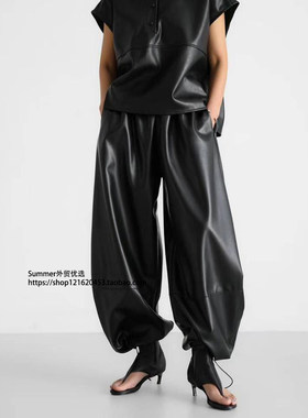 2025秋欧美抽绳束脚灯笼裤皮裤女