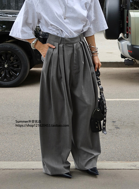 法式压褶灰色西装裤2025秋宽松百搭阔腿长裤女Pleated suit pants