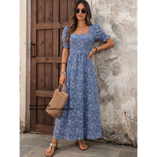清新田园风方领泡泡袖花卉连衣裙女 Bubble sleeve floral dress