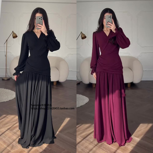 2025秋欧美收腰雪纺连衣裙长款女