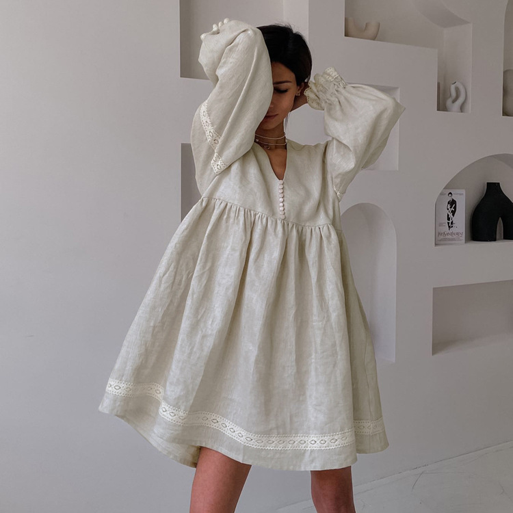 法式V领慵懒棉麻灯笼袖连衣裙女夏v-neck lantern sleeve dresss