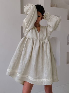 法式V领慵懒棉麻灯笼袖连衣裙女夏v-neck lantern sleeve dresss