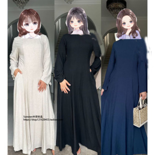棉麻迪拜土耳其纯色大摆绑带连衣裙长袍女 dresses gowns Lace