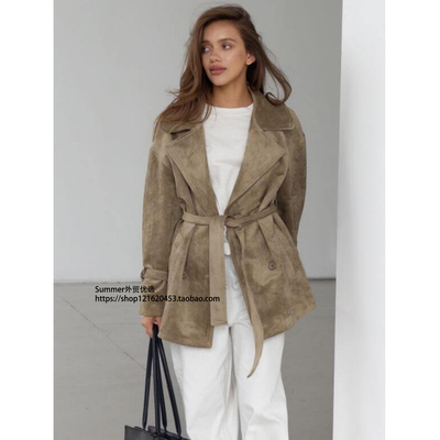 2025秋复古麂皮绒夹克外套带腰带