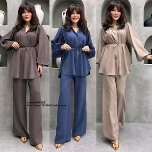 系带束腰灯笼袖衬衫长裤两件套 Lace-up shirt and trousers suit
