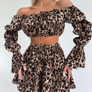 性感豹纹一字领喇叭袖短款上衣短裙套装 Leopard print skirt set