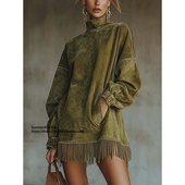 suede 2026春高领宽松口袋流苏长袖 麂皮连衣裙短裙女Tassel dress