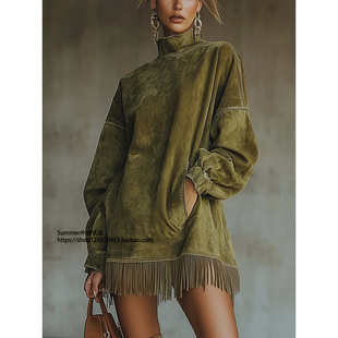 2026春高领宽松口袋流苏长袖麂皮连衣裙短裙女Tassel suede dress