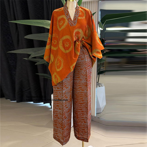 欧美印花蝙蝠袖宽松上衣长裤套装