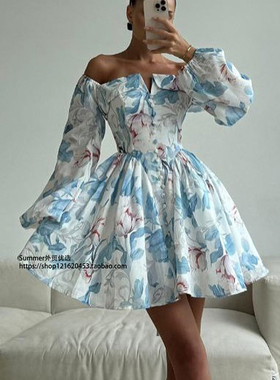 一字领印花泡泡袖高腰a字连衣裙女 Printed Bubble Sleeve Dress