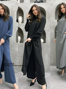 欧美多扣长袖立领长款衬衫直筒裤套装 Long shirt and pants suit