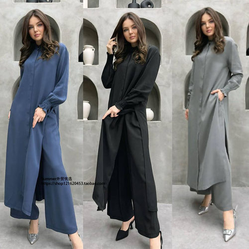 2025多扣中东长款衬衫长裤两件套