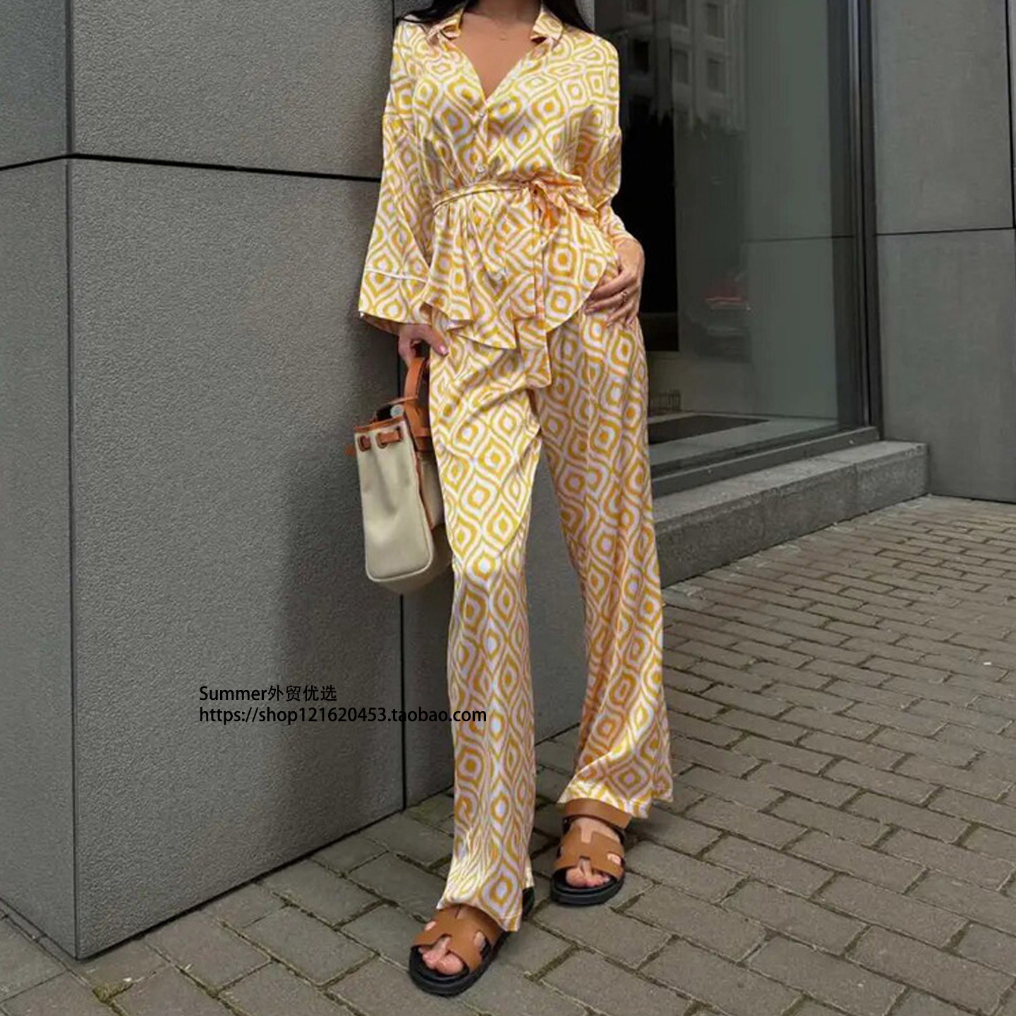 2025秋欧美印花系带开衫长裤套装