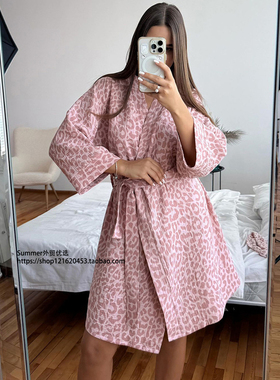纯棉粉色豹纹睡袍开衫家居服女Pink leopard print home clothing