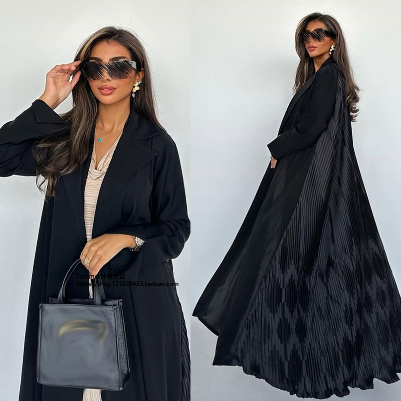 中东阿巴亚西装领百褶黑色长袍女