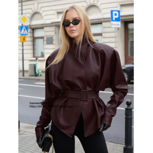 jacket leather 美式 复古皮衣外套立领腰带收腰显瘦皮夹克女Waist