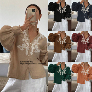 欧美V领重工刺绣衬衫珍珠单排扣灯笼长袖上衣女Embroidered shirt