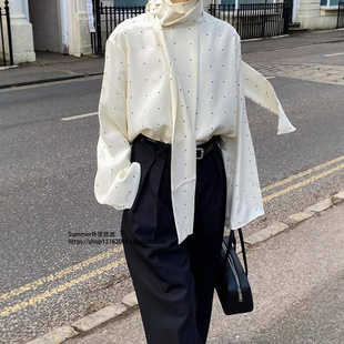 dot 法式 shirt polka 上衣Ribbon 飘带波点衬衫 女宽松欧美通勤长袖