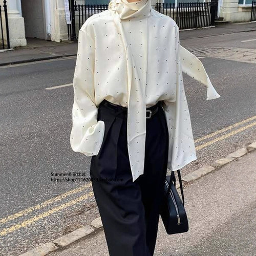 2026春法式飘带波点宽松长袖衬衫