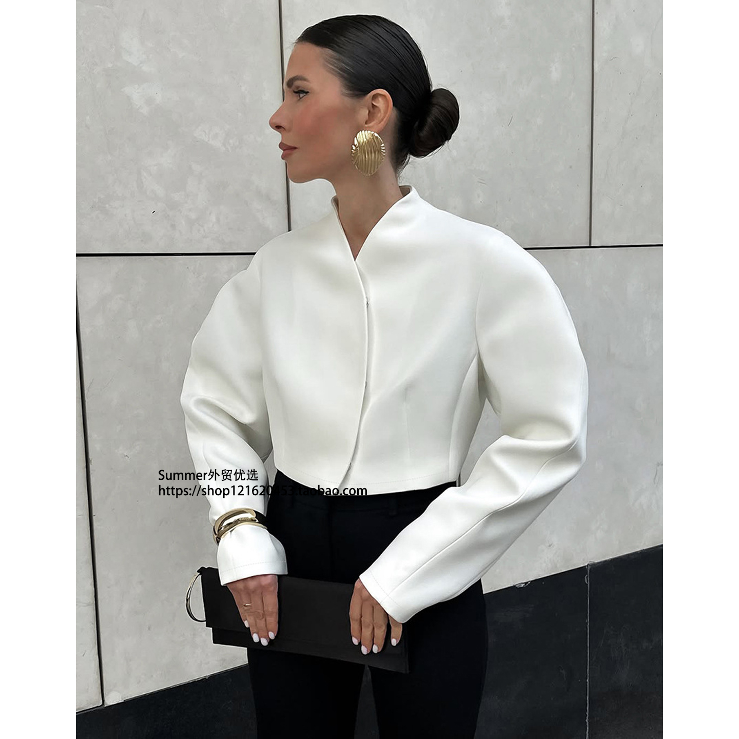 2025秋欧美气质弯刀袖短款外套女