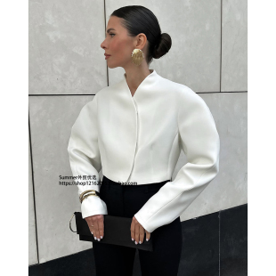 欧美简约v领弯刀长袖宽松短款外套女 Curved knife sleeve jacket