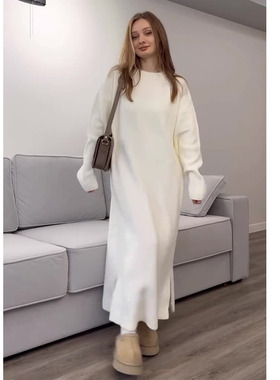 秋冬针织套头韩版气质圆领长款宽松连衣裙女 Knitted loose dress